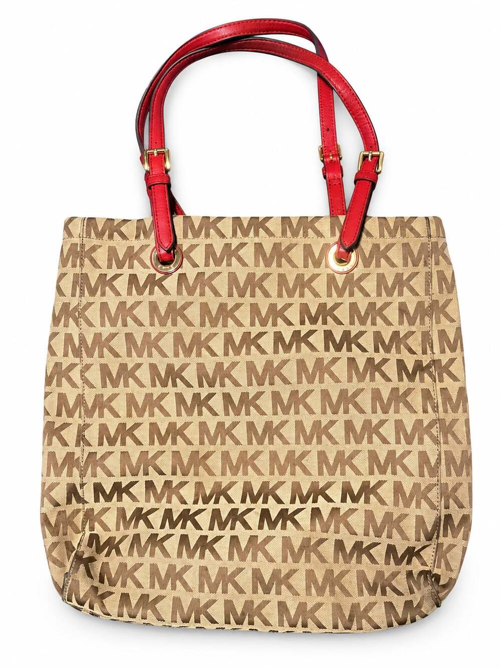 Michael Kors Signature MK Jacquard Tote Bag Red Handles